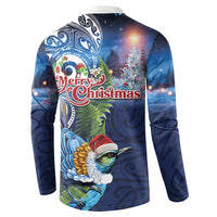 New Zealand Merry Christmas Button Sweatshirt Maori Tribal Pattern with Xmas Tui Bird LT03 - Polynesian Pride
