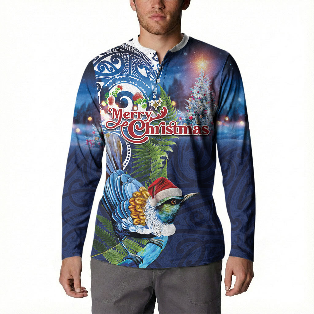 New Zealand Merry Christmas Button Sweatshirt Maori Tribal Pattern with Xmas Tui Bird LT03 - Polynesian Pride