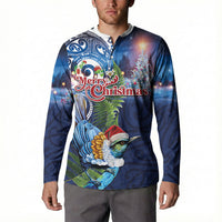 New Zealand Merry Christmas Button Sweatshirt Maori Tribal Pattern with Xmas Tui Bird LT03 - Polynesian Pride
