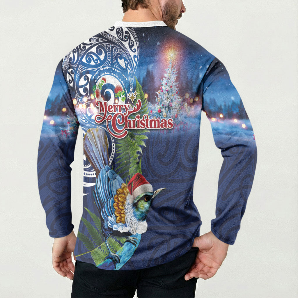 New Zealand Merry Christmas Button Sweatshirt Maori Tribal Pattern with Xmas Tui Bird LT03 - Polynesian Pride