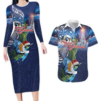 New Zealand Merry Christmas Couples Matching Long Sleeve Bodycon Dress and Hawaiian Shirt Maori Tribal Pattern with Xmas Tui Bird
