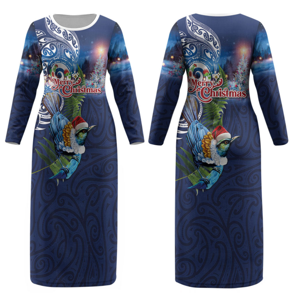 New Zealand Merry Christmas Couples Matching Long Sleeve Bodycon Dress and Hawaiian Shirt Maori Tribal Pattern with Xmas Tui Bird LT03