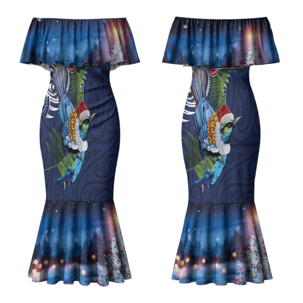 New Zealand Merry Christmas Couples Matching Mermaid Dress and Hawaiian Shirt Maori Tribal Pattern with Xmas Tui Bird LT03