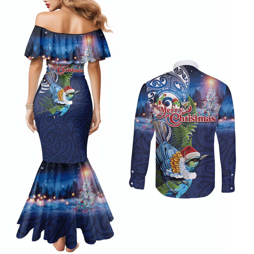 New Zealand Merry Christmas Couples Matching Mermaid Dress and Long Sleeve Button Shirt Maori Tribal Pattern with Xmas Tui Bird