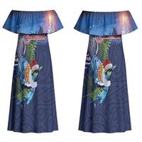 New Zealand Merry Christmas Couples Matching Off Shoulder Maxi Dress and Hawaiian Shirt Maori Tribal Pattern with Xmas Tui Bird LT03