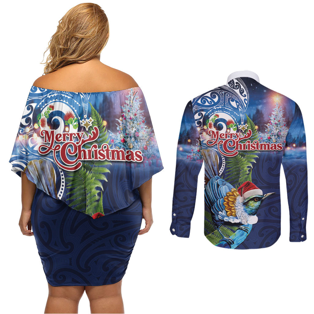 New Zealand Merry Christmas Couples Matching Off Shoulder Short Dress and Long Sleeve Button Shirt Maori Tribal Pattern with Xmas Tui Bird