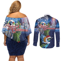New Zealand Merry Christmas Couples Matching Off Shoulder Short Dress and Long Sleeve Button Shirt Maori Tribal Pattern with Xmas Tui Bird