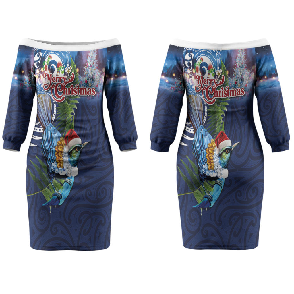 New Zealand Merry Christmas Couples Matching Off The Shoulder Long Sleeve Dress and Hawaiian Shirt Maori Tribal Pattern with Xmas Tui Bird LT03