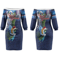 New Zealand Merry Christmas Couples Matching Off The Shoulder Long Sleeve Dress and Hawaiian Shirt Maori Tribal Pattern with Xmas Tui Bird LT03
