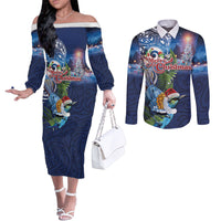New Zealand Merry Christmas Couples Matching Off The Shoulder Long Sleeve Dress and Long Sleeve Button Shirt Maori Tribal Pattern with Xmas Tui Bird