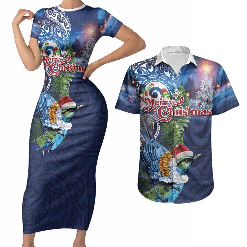 New Zealand Merry Christmas Couples Matching Short Sleeve Bodycon Dress and Hawaiian Shirt Maori Tribal Pattern with Xmas Tui Bird LT03 Multicolor - Polynesian Pride