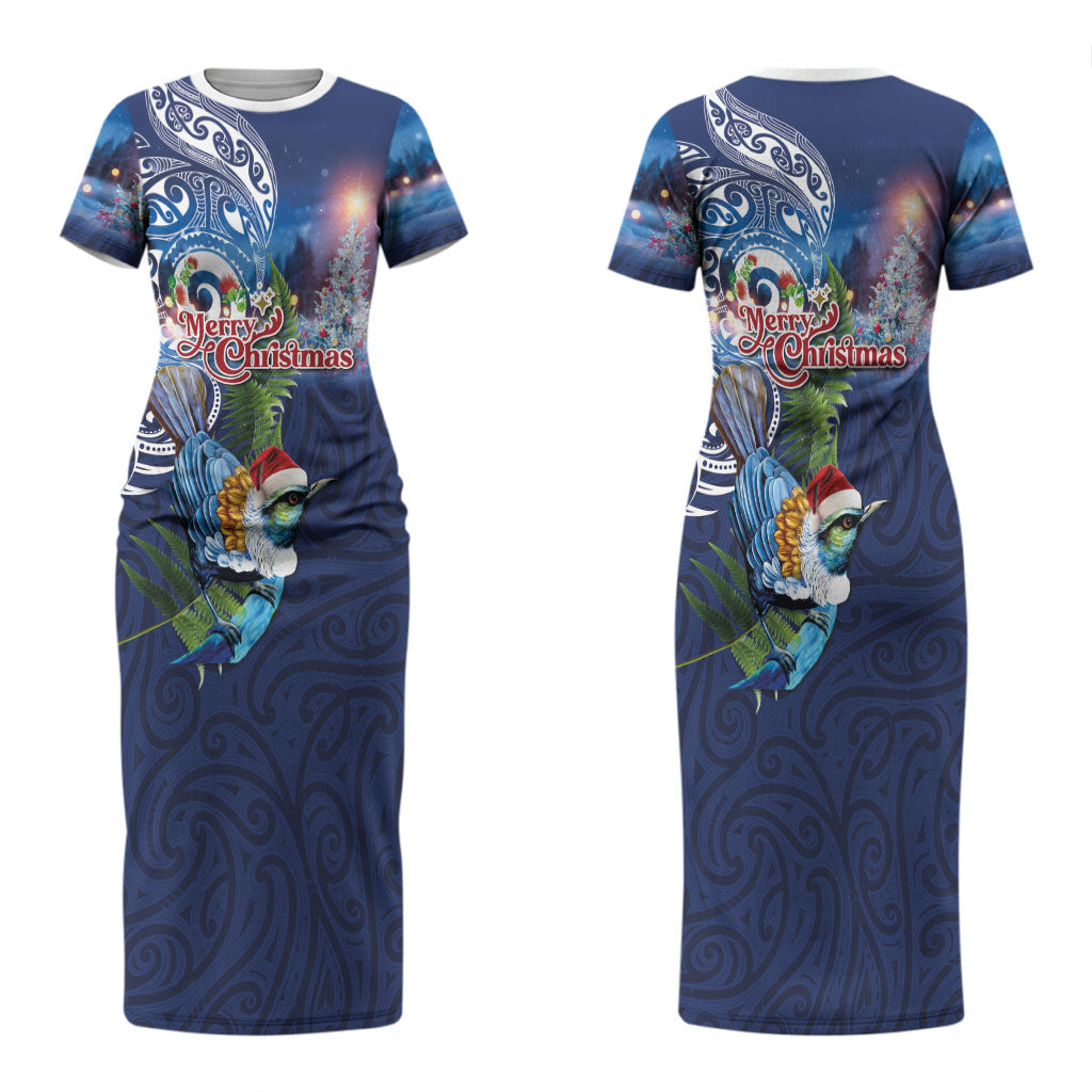 New Zealand Merry Christmas Couples Matching Short Sleeve Bodycon Dress and Hawaiian Shirt Maori Tribal Pattern with Xmas Tui Bird LT03