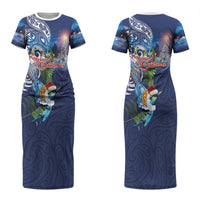 New Zealand Merry Christmas Couples Matching Short Sleeve Bodycon Dress and Hawaiian Shirt Maori Tribal Pattern with Xmas Tui Bird LT03