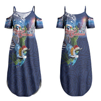New Zealand Merry Christmas Couples Matching Summer Maxi Dress and Hawaiian Shirt Maori Tribal Pattern with Xmas Tui Bird LT03