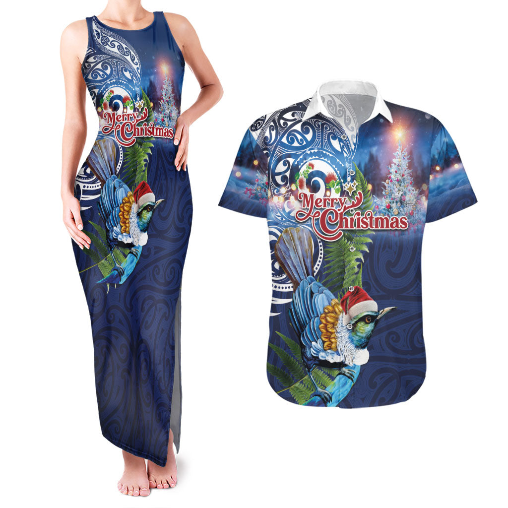 New Zealand Merry Christmas Couples Matching Tank Maxi Dress and Hawaiian Shirt Maori Tribal Pattern with Xmas Tui Bird LT03 Multicolor - Polynesian Pride