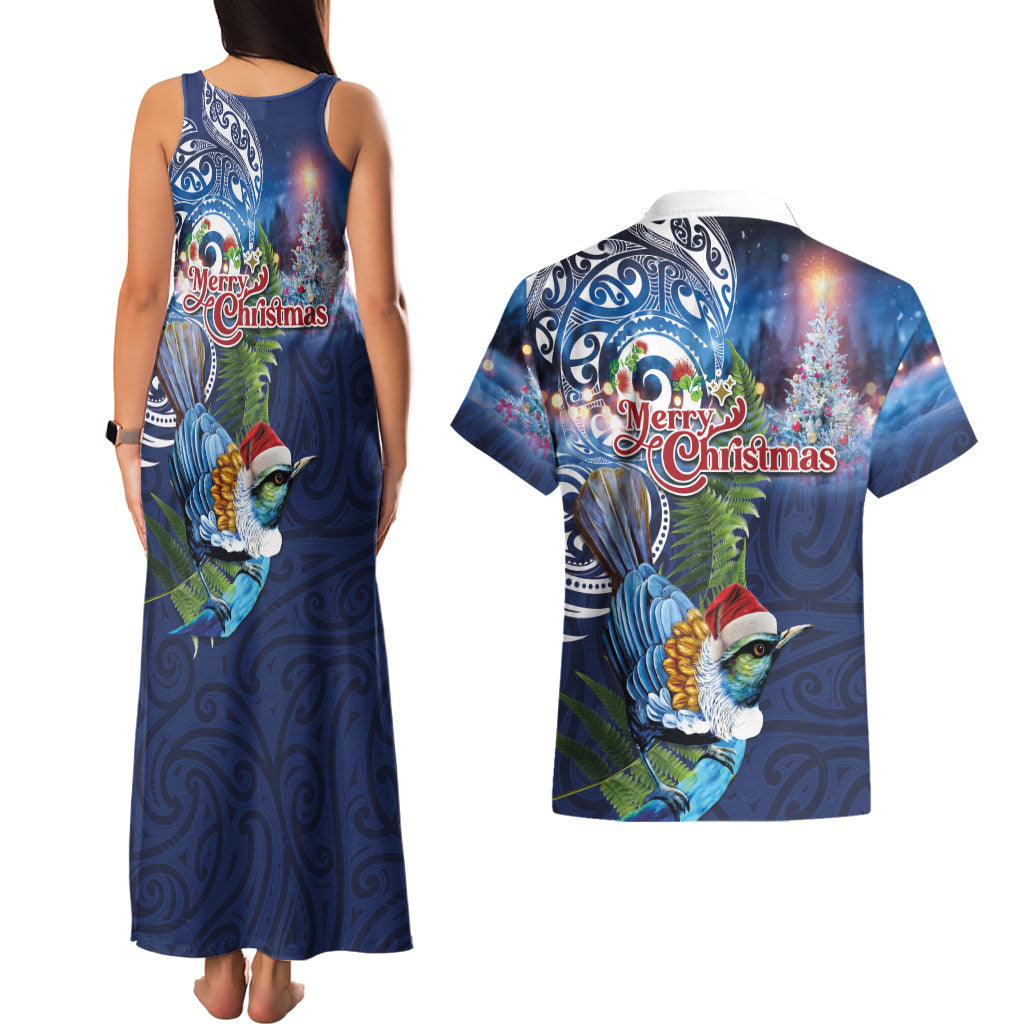 New Zealand Merry Christmas Couples Matching Tank Maxi Dress and Hawaiian Shirt Maori Tribal Pattern with Xmas Tui Bird
