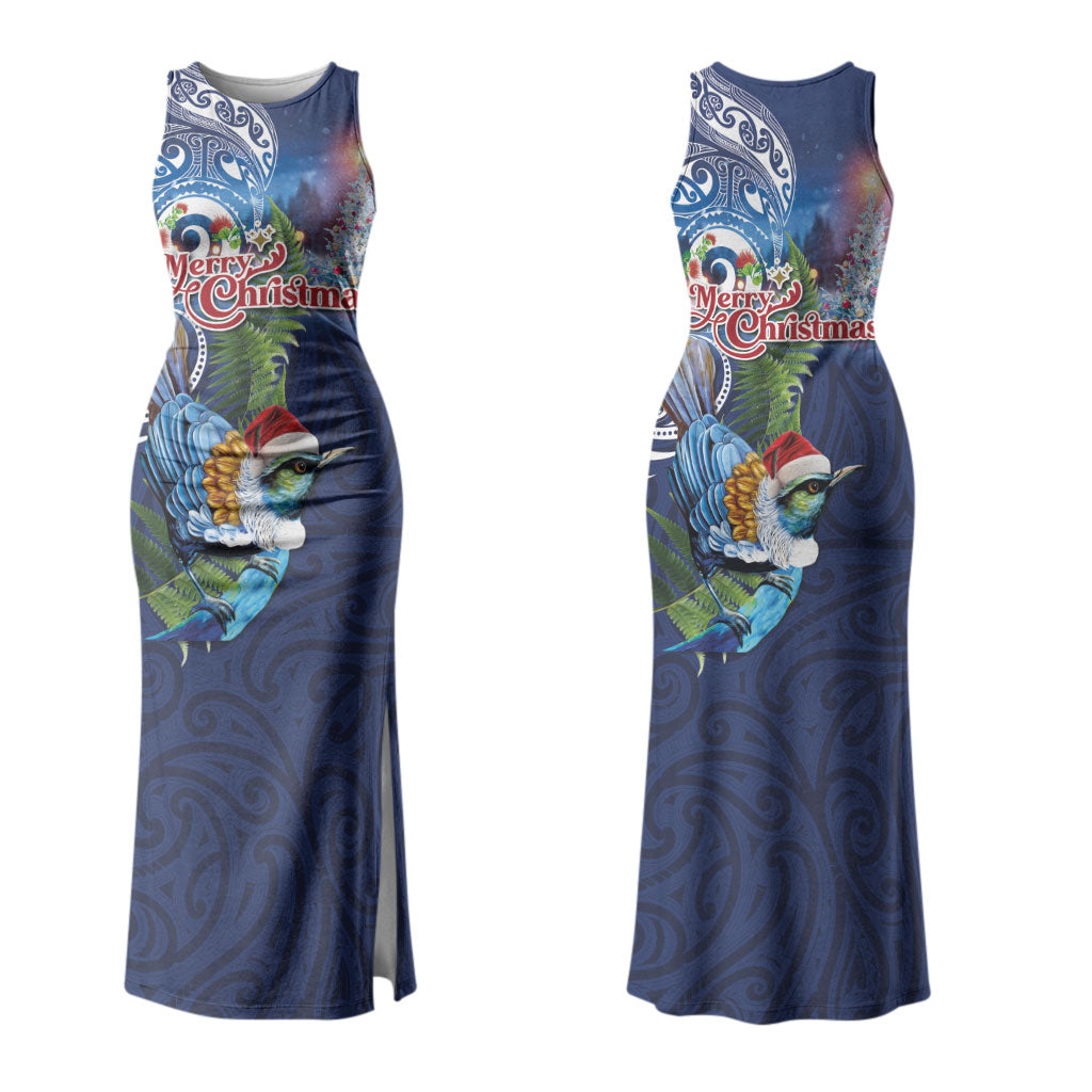 New Zealand Merry Christmas Couples Matching Tank Maxi Dress and Long Sleeve Button Shirt Maori Tribal Pattern with Xmas Tui Bird LT03