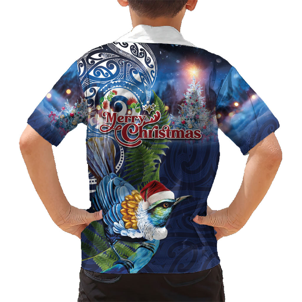 New Zealand Merry Christmas Family Matching Long Sleeve Bodycon Dress and Hawaiian Shirt Maori Tribal Pattern with Xmas Tui Bird