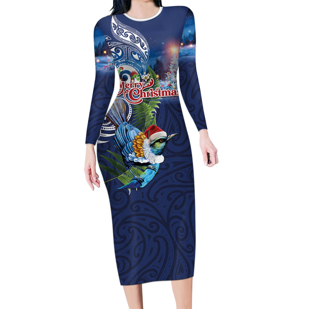 New Zealand Merry Christmas Family Matching Long Sleeve Bodycon Dress and Hawaiian Shirt Maori Tribal Pattern with Xmas Tui Bird