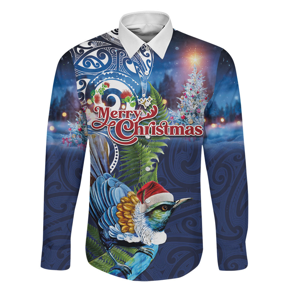 New Zealand Merry Christmas Family Matching Off The Shoulder Long Sleeve Dress and Hawaiian Shirt Maori Tribal Pattern with Xmas Tui Bird