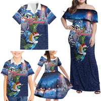 New Zealand Merry Christmas Family Matching Off Shoulder Maxi Dress and Hawaiian Shirt Maori Tribal Pattern with Xmas Tui Bird