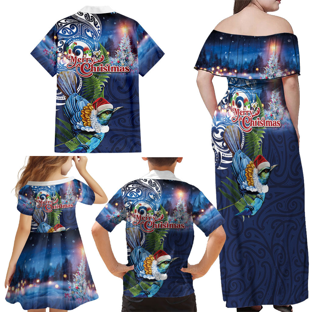 New Zealand Merry Christmas Family Matching Off Shoulder Maxi Dress and Hawaiian Shirt Maori Tribal Pattern with Xmas Tui Bird