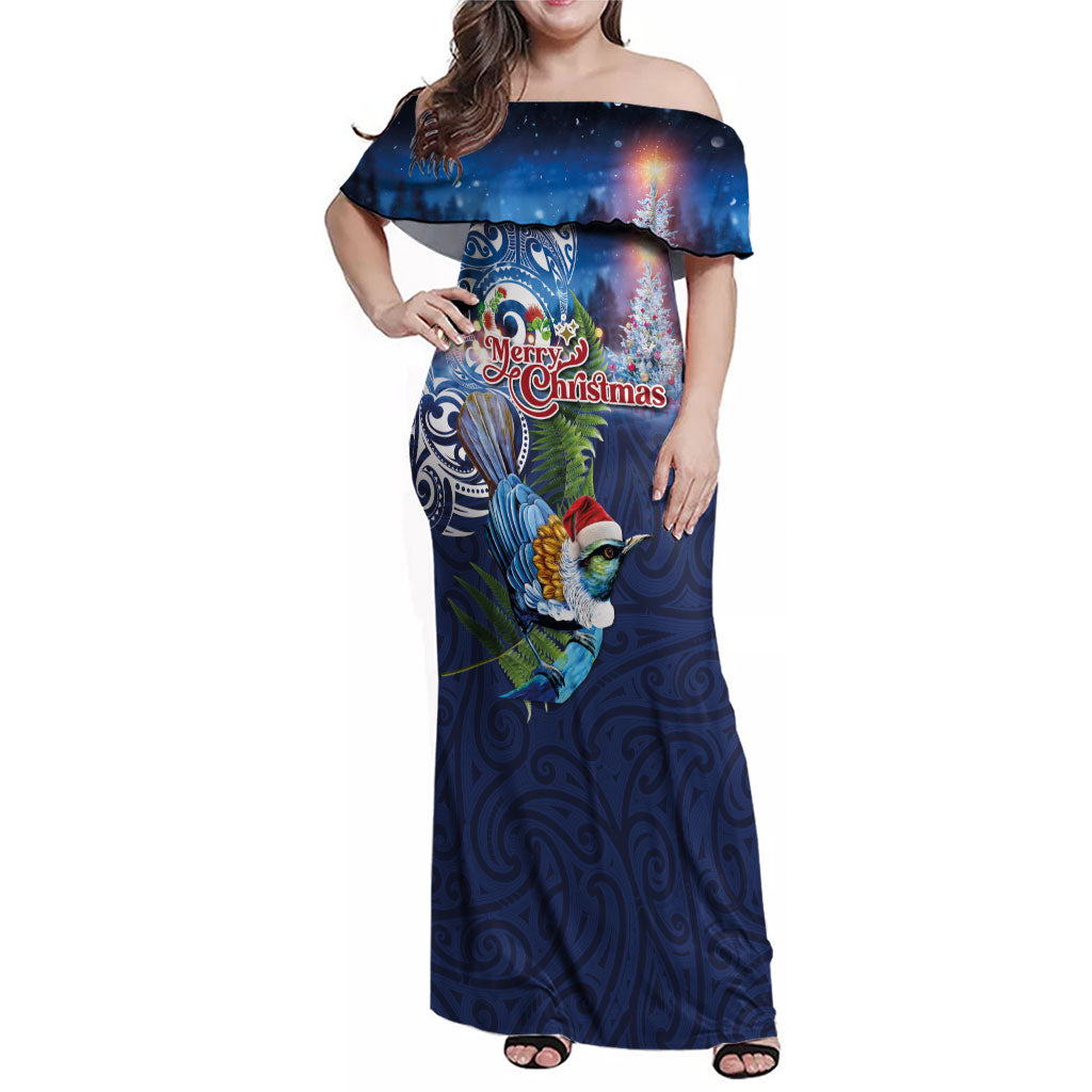 New Zealand Merry Christmas Family Matching Off Shoulder Maxi Dress and Hawaiian Shirt Maori Tribal Pattern with Xmas Tui Bird