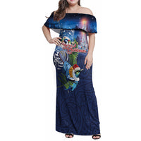 New Zealand Merry Christmas Family Matching Off Shoulder Maxi Dress and Hawaiian Shirt Maori Tribal Pattern with Xmas Tui Bird