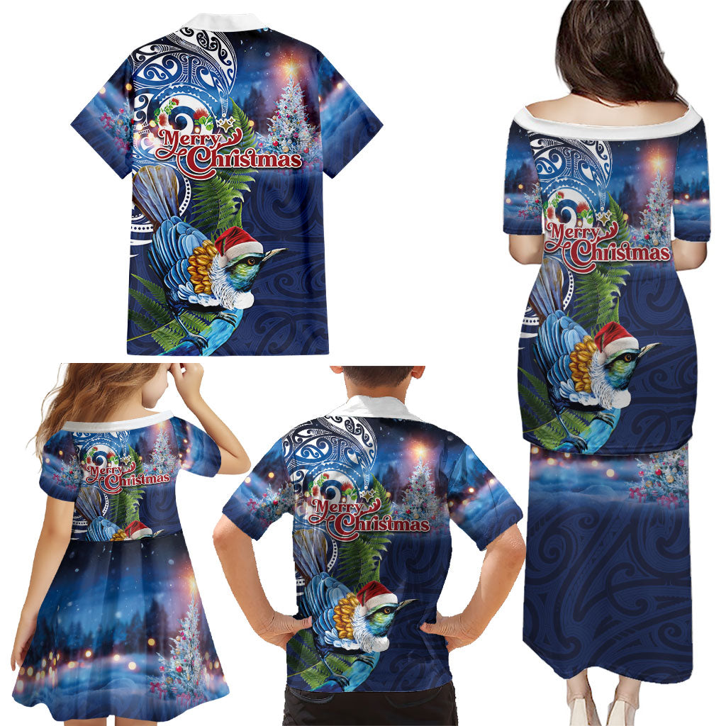 New Zealand Merry Christmas Family Matching Puletasi and Hawaiian Shirt Maori Tribal Pattern with Xmas Tui Bird