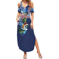 New Zealand Merry Christmas Family Matching Summer Maxi Dress and Hawaiian Shirt Maori Tribal Pattern with Xmas Tui Bird