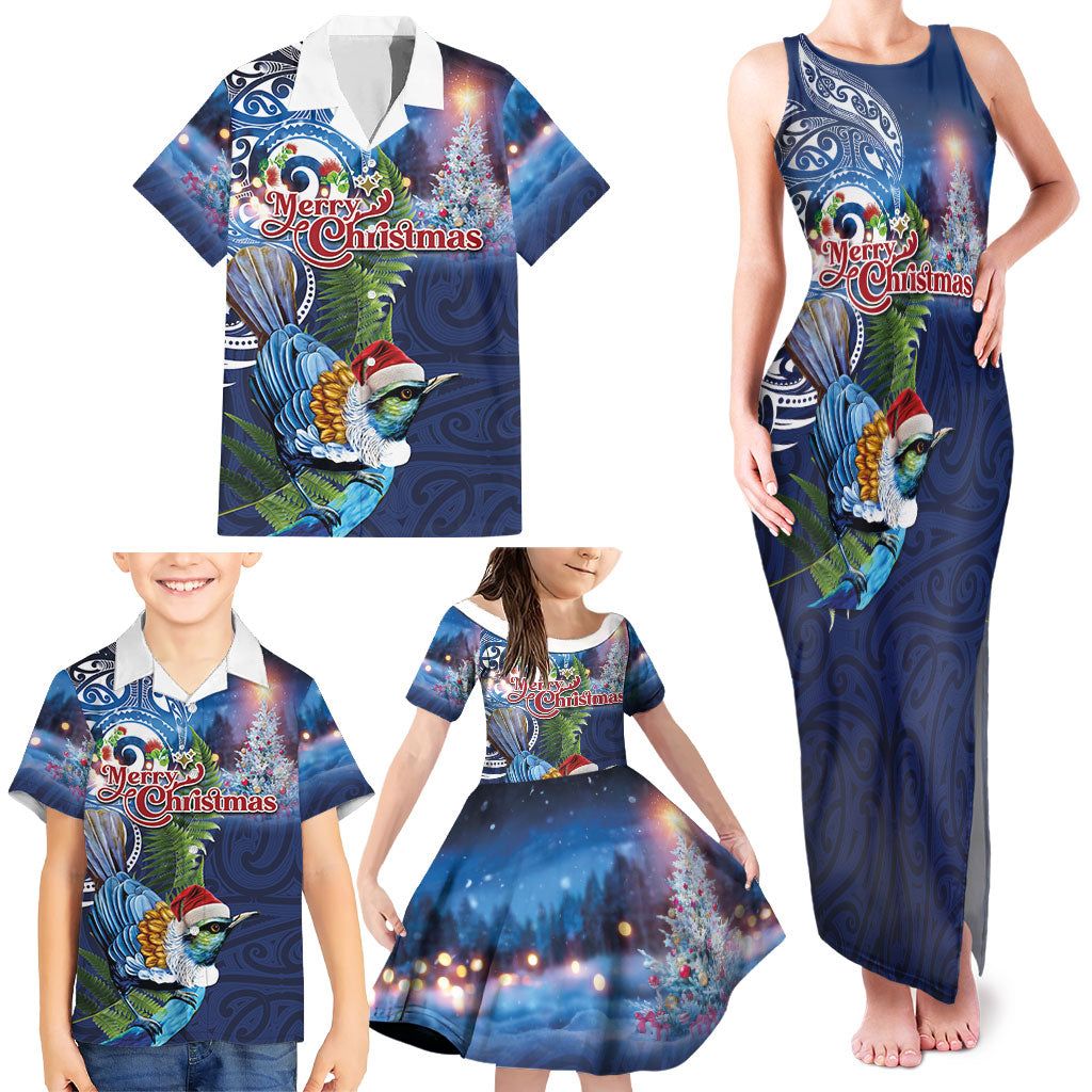 New Zealand Merry Christmas Family Matching Tank Maxi Dress and Hawaiian Shirt Maori Tribal Pattern with Xmas Tui Bird LT03 - Polynesian Pride