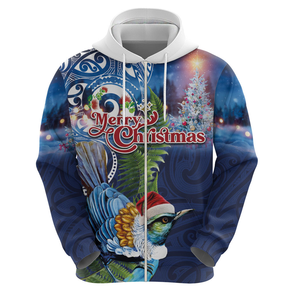 New Zealand Merry Christmas Hoodie Maori Tribal Pattern with Xmas Tui Bird
