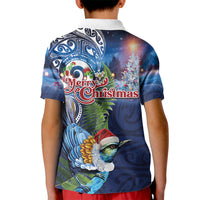 New Zealand Merry Christmas Kid Polo Shirt Maori Tribal Pattern with Xmas Tui Bird