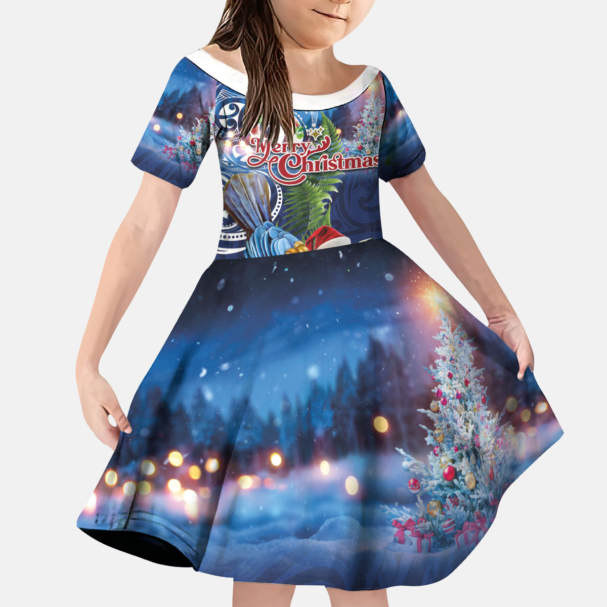 New Zealand Merry Christmas Kid Short Sleeve Dress Maori Tribal Pattern with Xmas Tui Bird LT03 KID Multicolor - Polynesian Pride