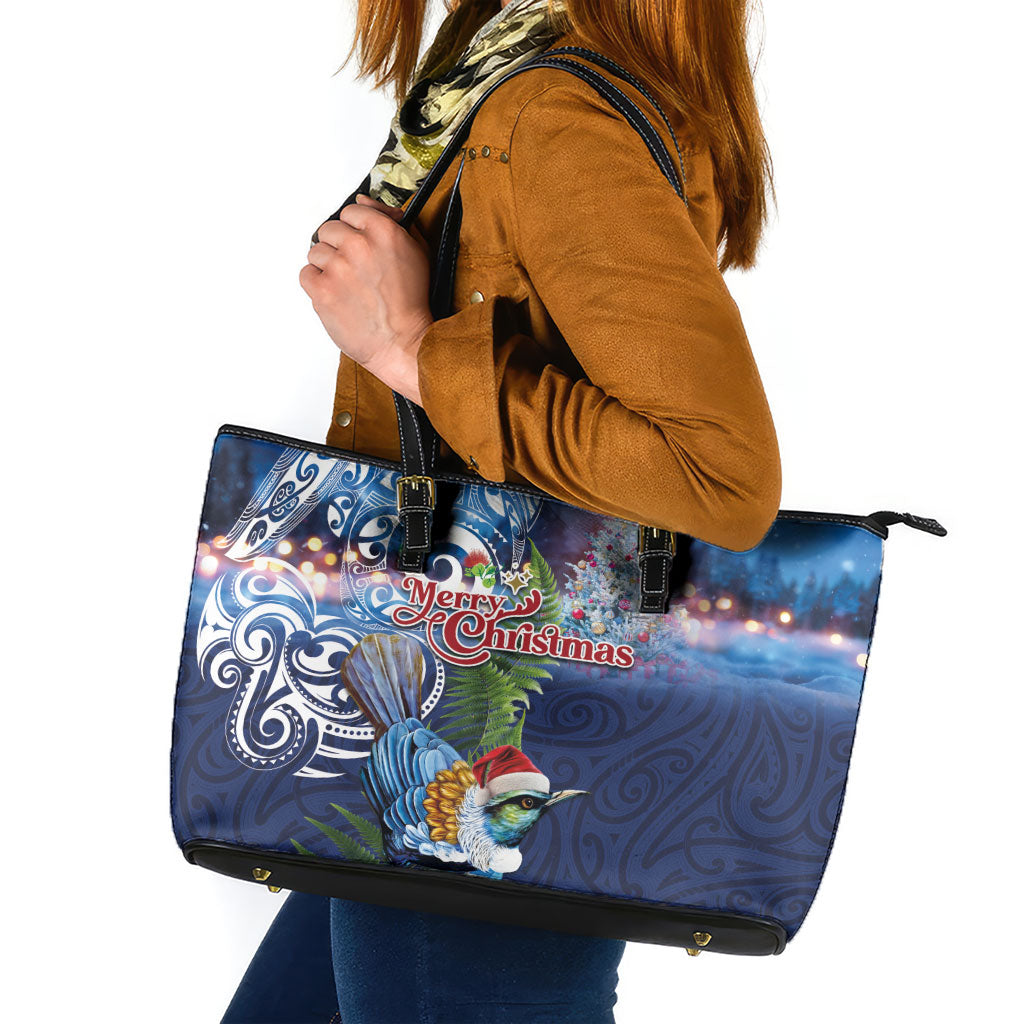 New Zealand Merry Christmas Leather Tote Bag Maori Tribal Pattern with Xmas Tui Bird LT03 Multicolor - Polynesian Pride