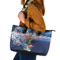 New Zealand Merry Christmas Leather Tote Bag Maori Tribal Pattern with Xmas Tui Bird