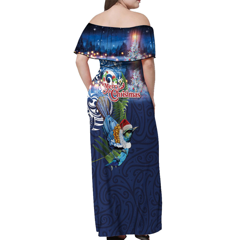 New Zealand Merry Christmas Off Shoulder Maxi Dress Maori Tribal Pattern with Xmas Tui Bird