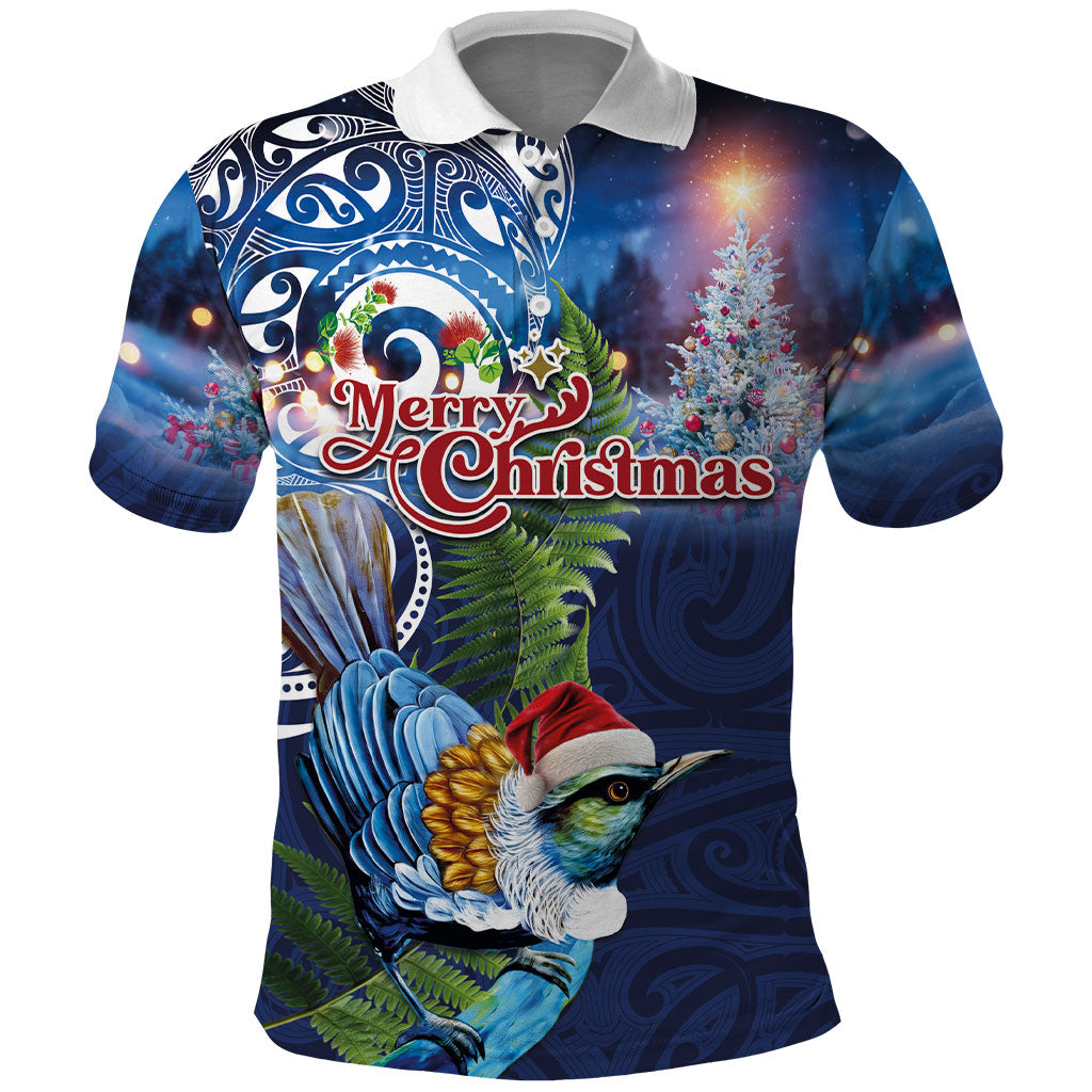 New Zealand Merry Christmas Polo Shirt Maori Tribal Pattern with Xmas Tui Bird LT03 Multicolor - Polynesian Pride