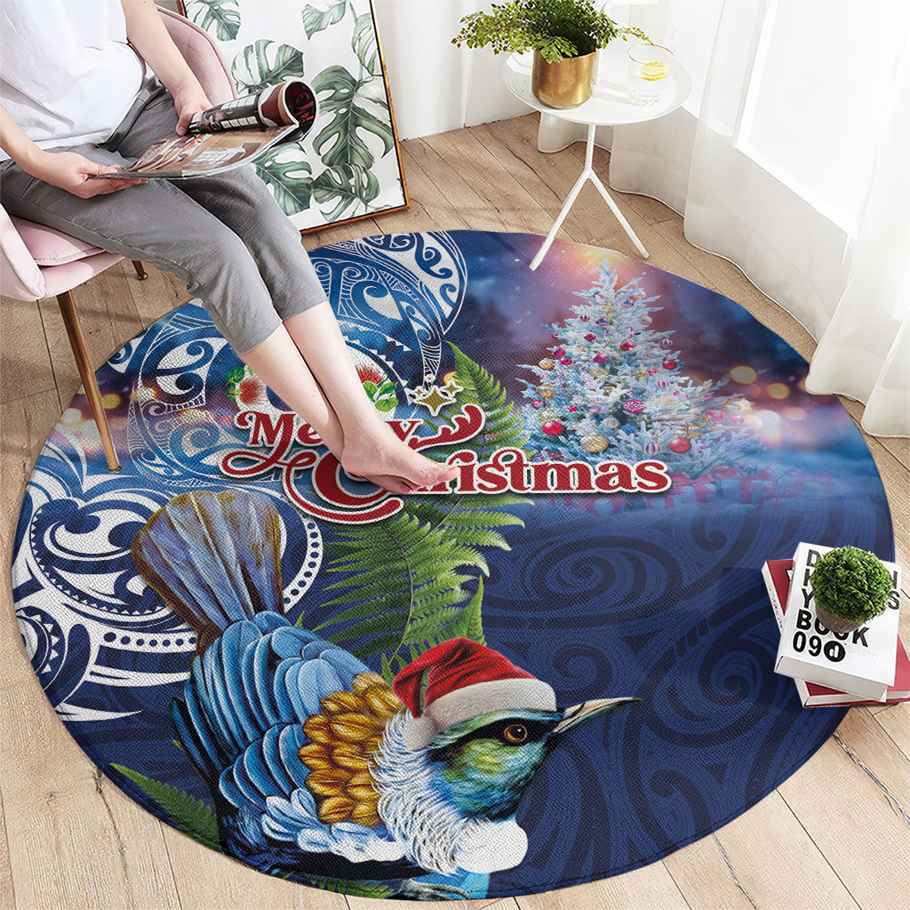 New Zealand Merry Christmas Round Carpet Maori Tribal Pattern with Xmas Tui Bird LT03 - Polynesian Pride