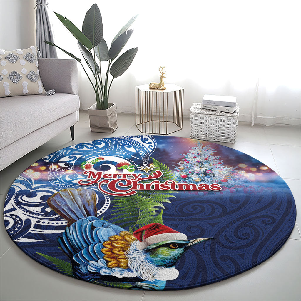 New Zealand Merry Christmas Round Carpet Maori Tribal Pattern with Xmas Tui Bird LT03 - Polynesian Pride