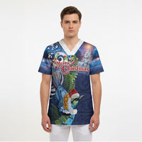 New Zealand Merry Christmas Scrub Top Maori Tribal Pattern with Xmas Tui Bird LT03 - Polynesian Pride