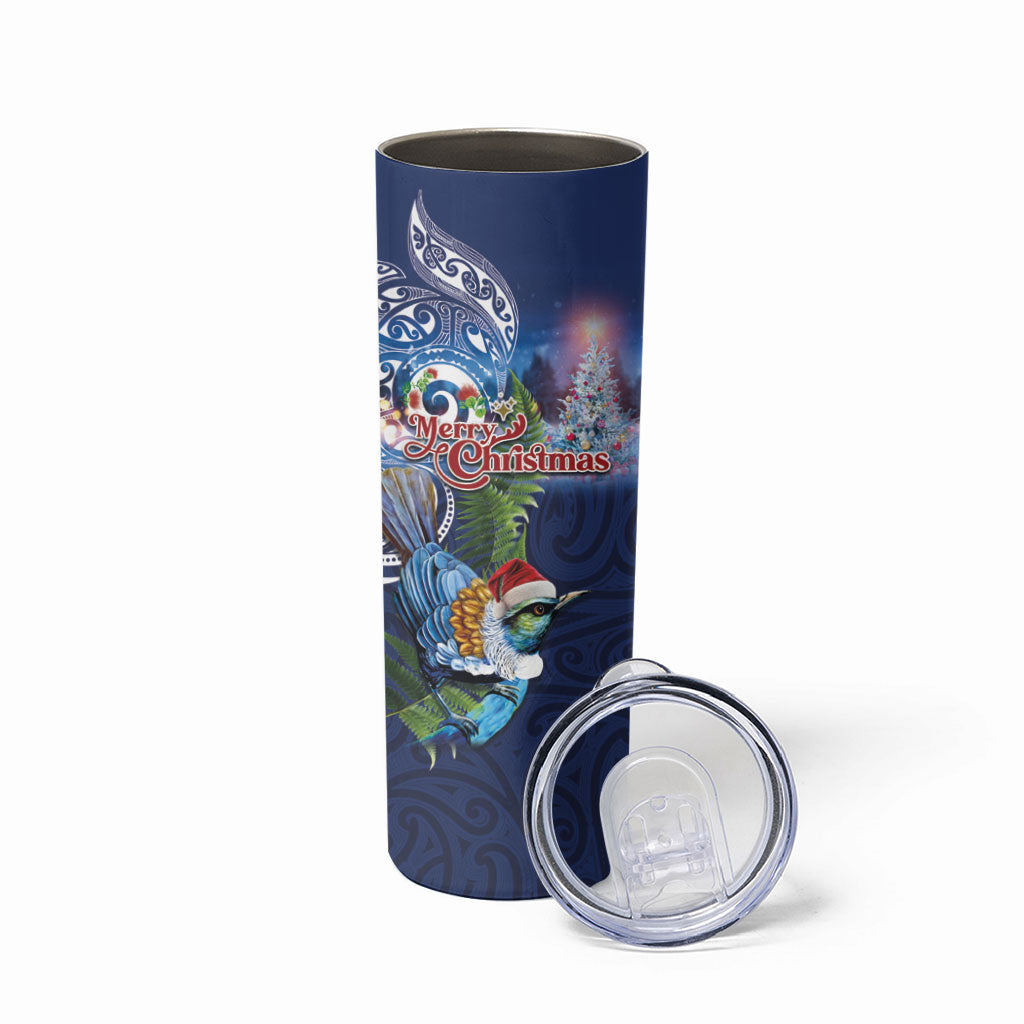 New Zealand Merry Christmas Skinny Tumbler Maori Tribal Pattern with Xmas Tui Bird