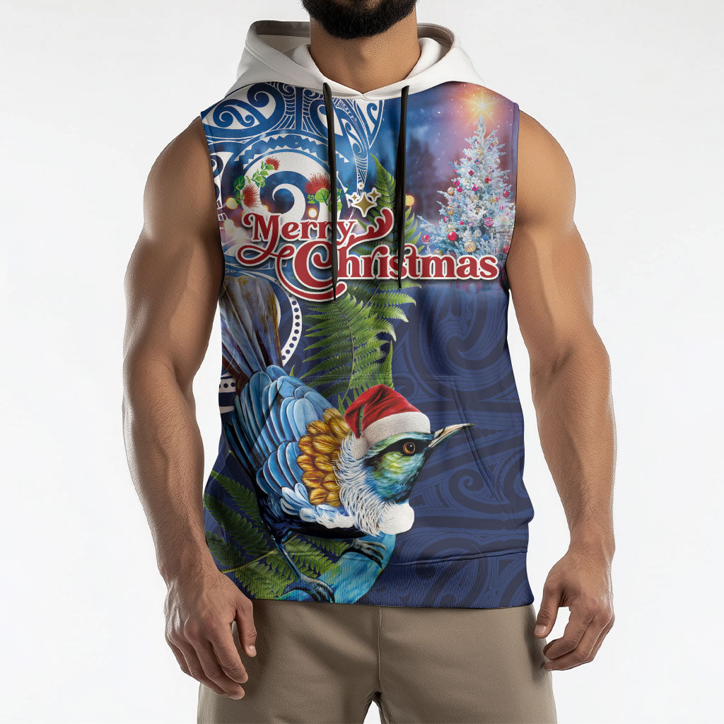 New Zealand Merry Christmas Sleeveless Hoodie Maori Tribal Pattern with Xmas Tui Bird