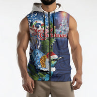 New Zealand Merry Christmas Sleeveless Zip Hoodie Maori Tribal Pattern with Xmas Tui Bird