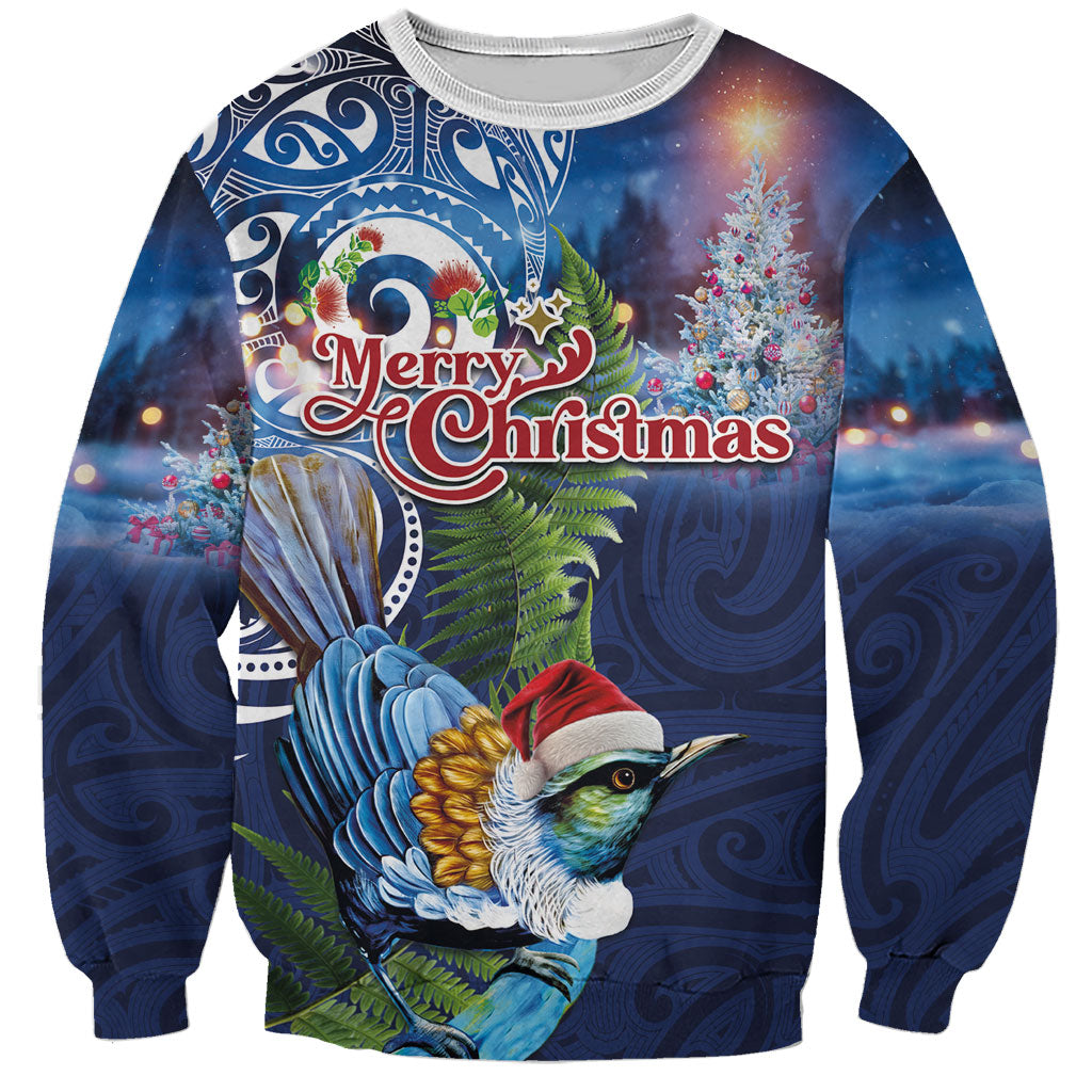 New Zealand Merry Christmas Sweatshirt Maori Tribal Pattern with Xmas Tui Bird LT03 Unisex Multicolor - Polynesian Pride