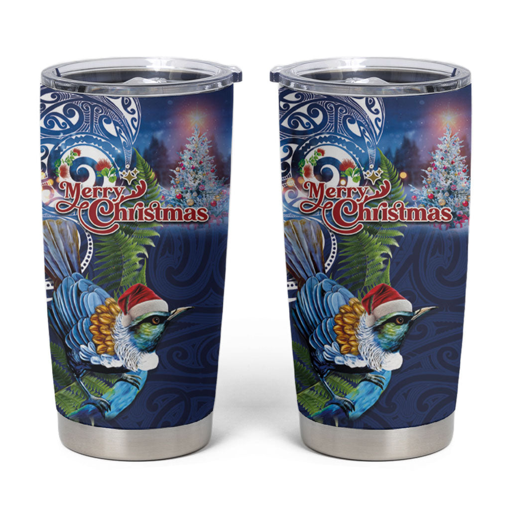 New Zealand Merry Christmas Tumbler Cup Maori Tribal Pattern with Xmas Tui Bird LT03 Multicolor - Polynesian Pride
