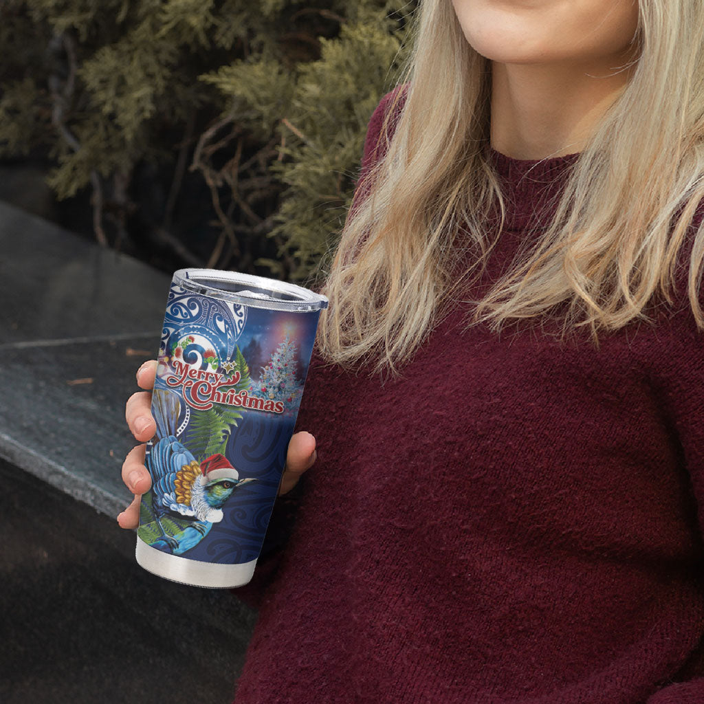 New Zealand Merry Christmas Tumbler Cup Maori Tribal Pattern with Xmas Tui Bird