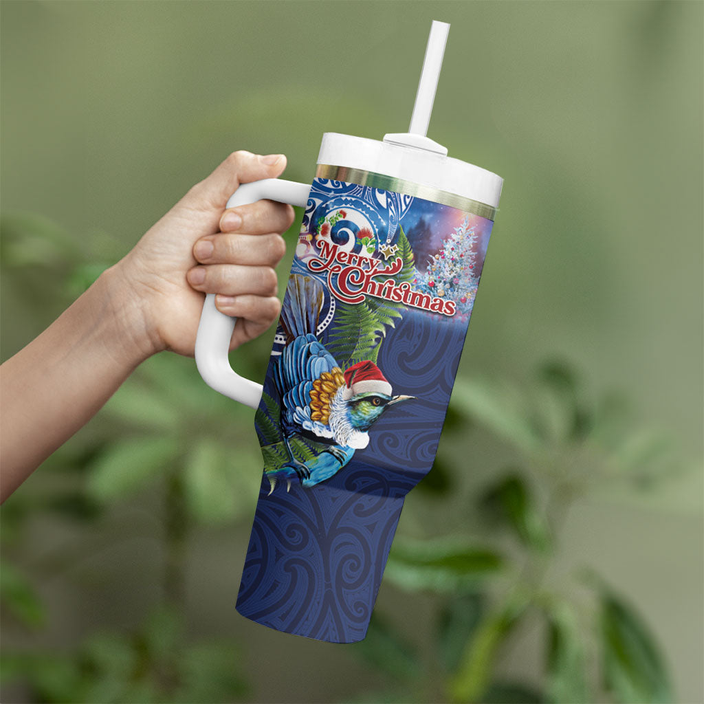 New Zealand Merry Christmas Tumbler With Handle Maori Tribal Pattern with Xmas Tui Bird