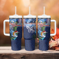 New Zealand Merry Christmas Tumbler With Handle Maori Tribal Pattern with Xmas Tui Bird