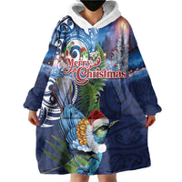 New Zealand Merry Christmas Wearable Blanket Hoodie Maori Tribal Pattern with Xmas Tui Bird